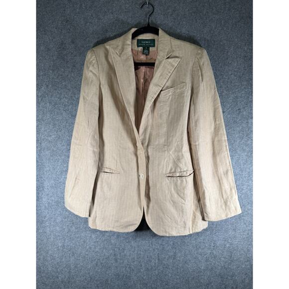 Lauren Ralph Lauren Blazer Women 6 Beige Striped Linen Relax Preppy Academia - Picture 1 of 10